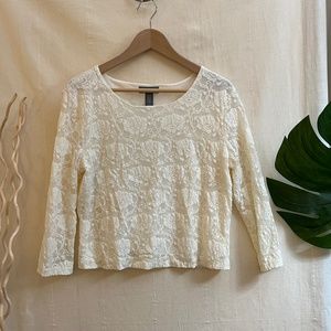 Kate Hill Off White Floral Lace Stretch Long Sleeve Top Size L